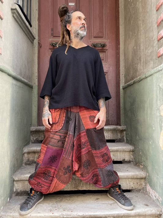 Nepal Patchwork Şalvar – Mevsimlik, Kiremit Tonları, Unisex
