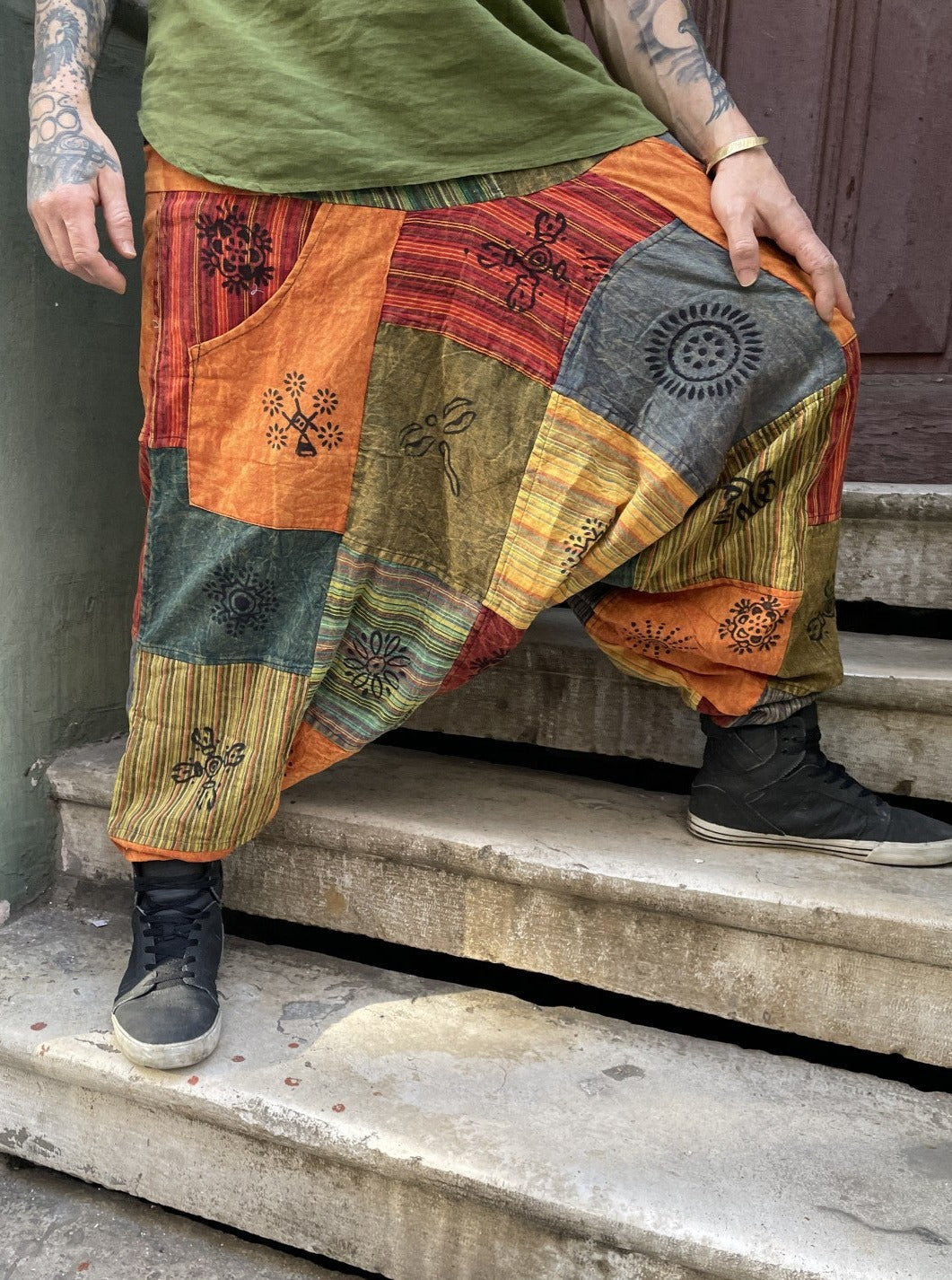 Unisex Nepal Turuncu Renkli Patchwork Festival Şalvar Pantolon