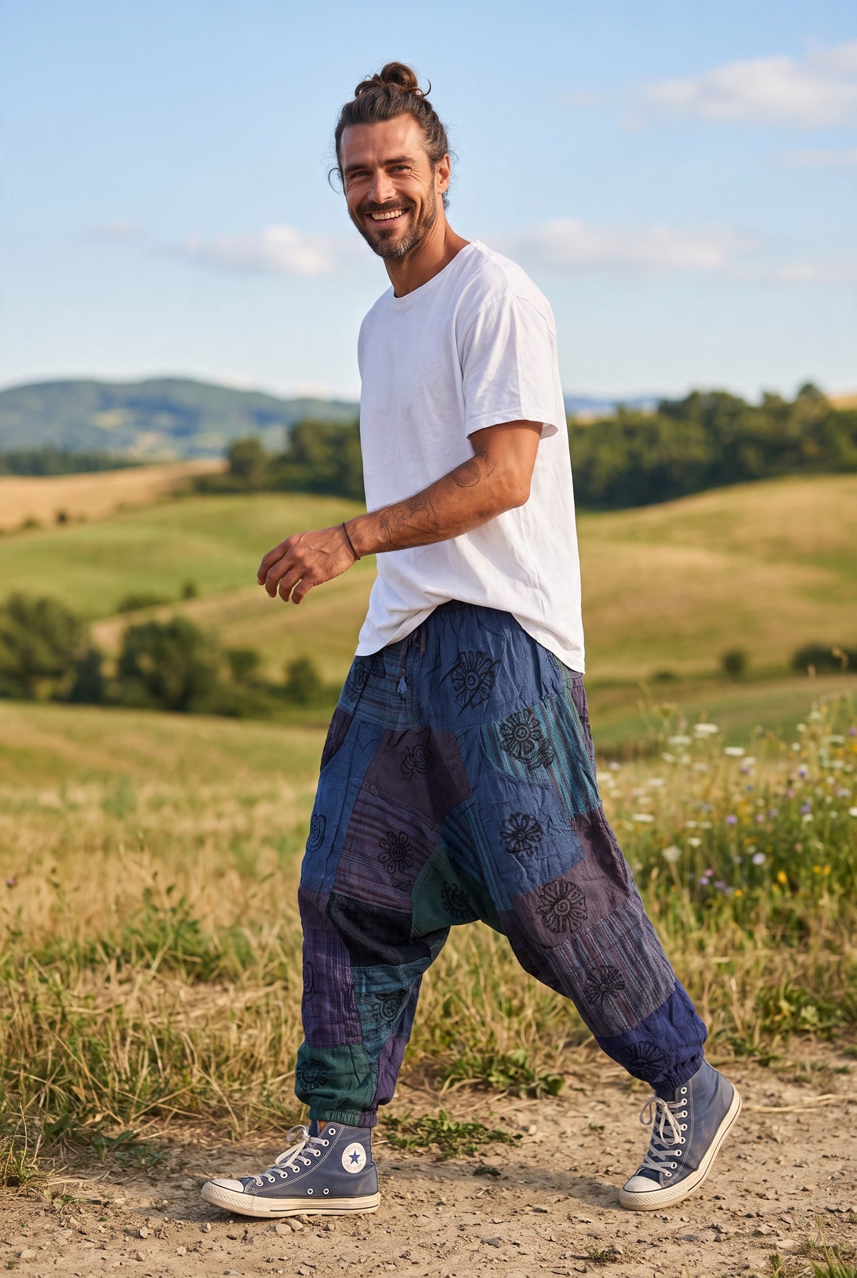 Nivaro Nepal Patchwork Erkek Şalvar Pantolon – Mavi Mor Etnik Bohem Tasarım
