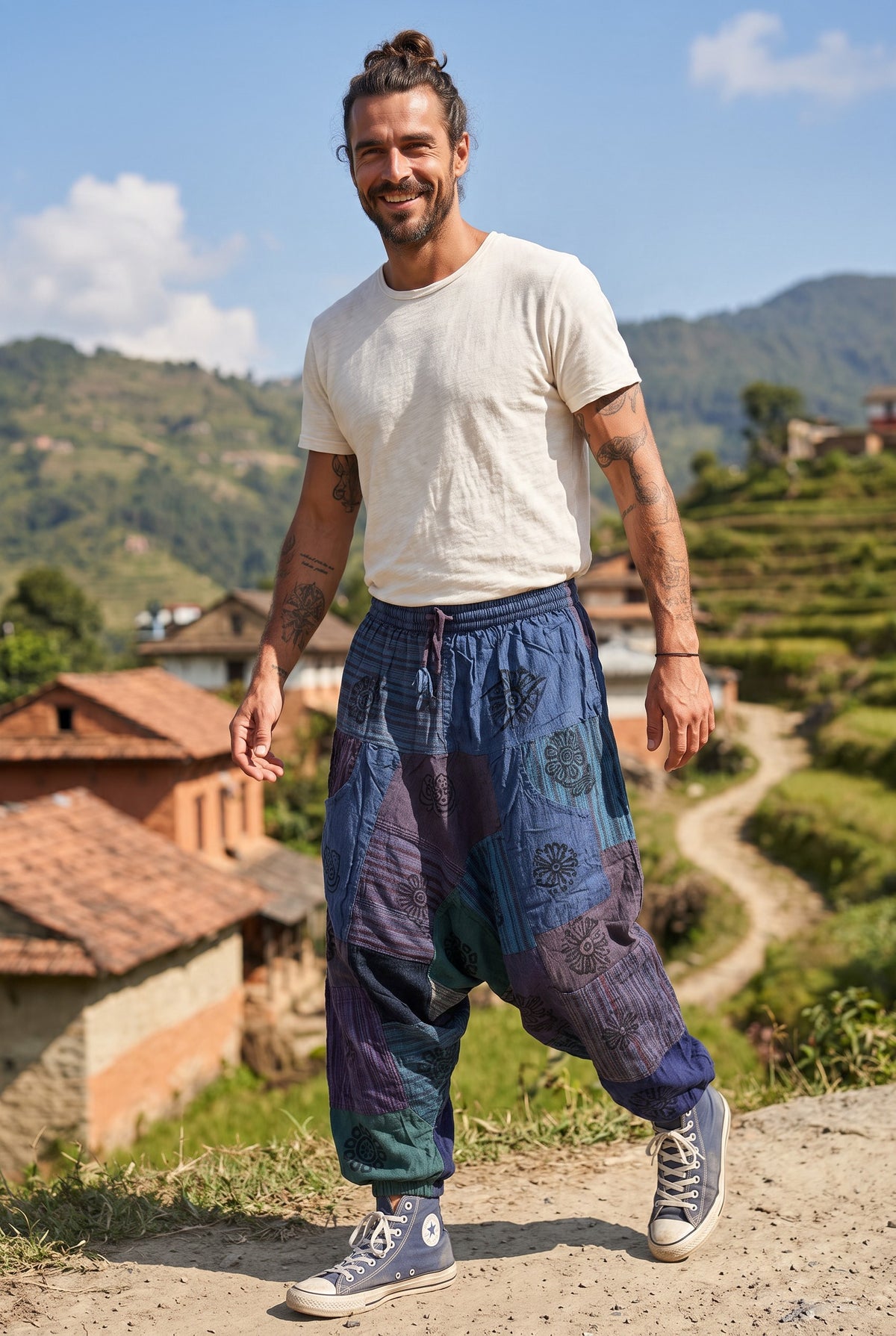 Nivaro Nepal Patchwork Erkek Şalvar Pantolon – Mavi Mor Etnik Bohem Tasarım