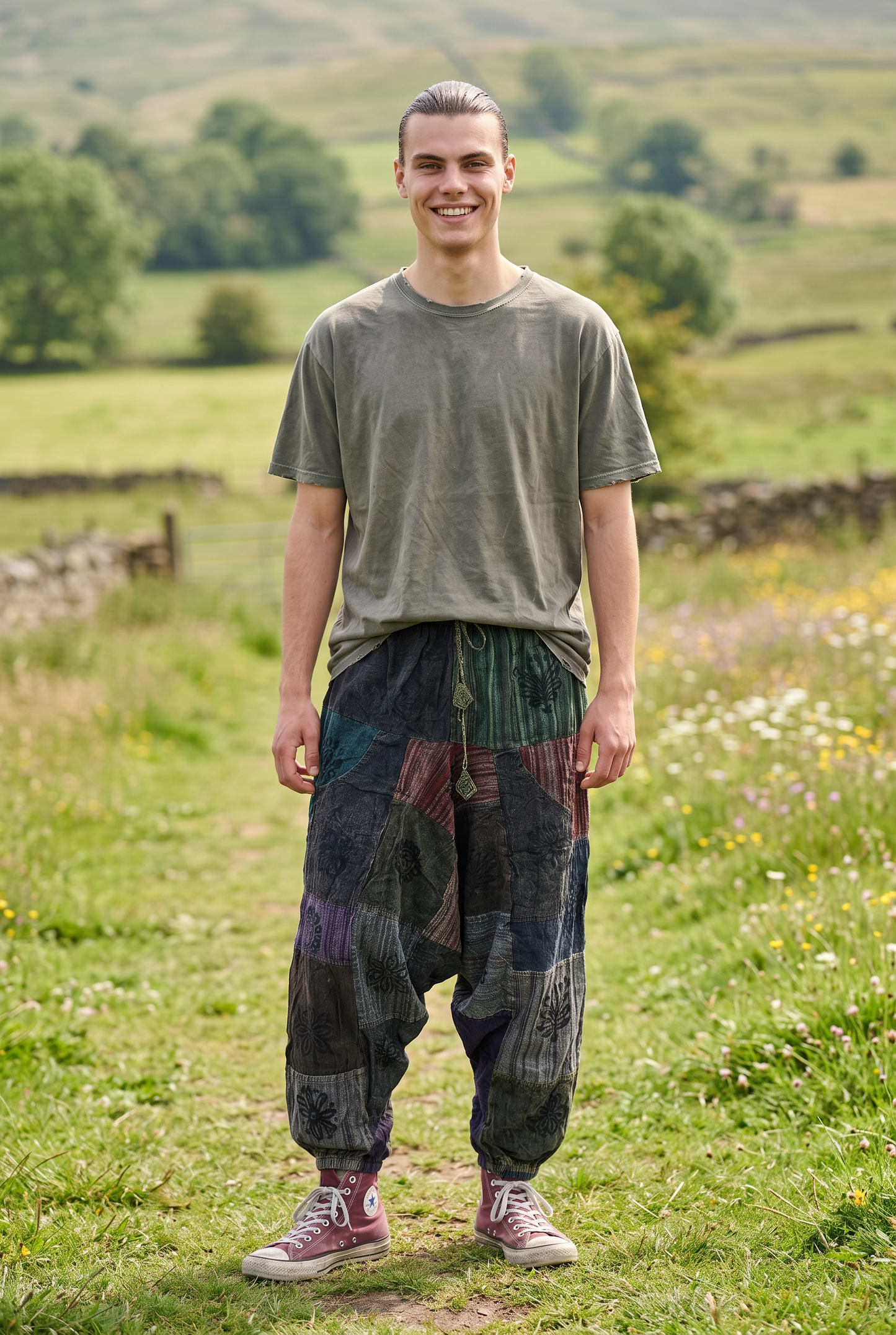 Unisex Nepal Patchwork Şalvar Pantolon – Antrasit Bordo, Salaş Tasarım
