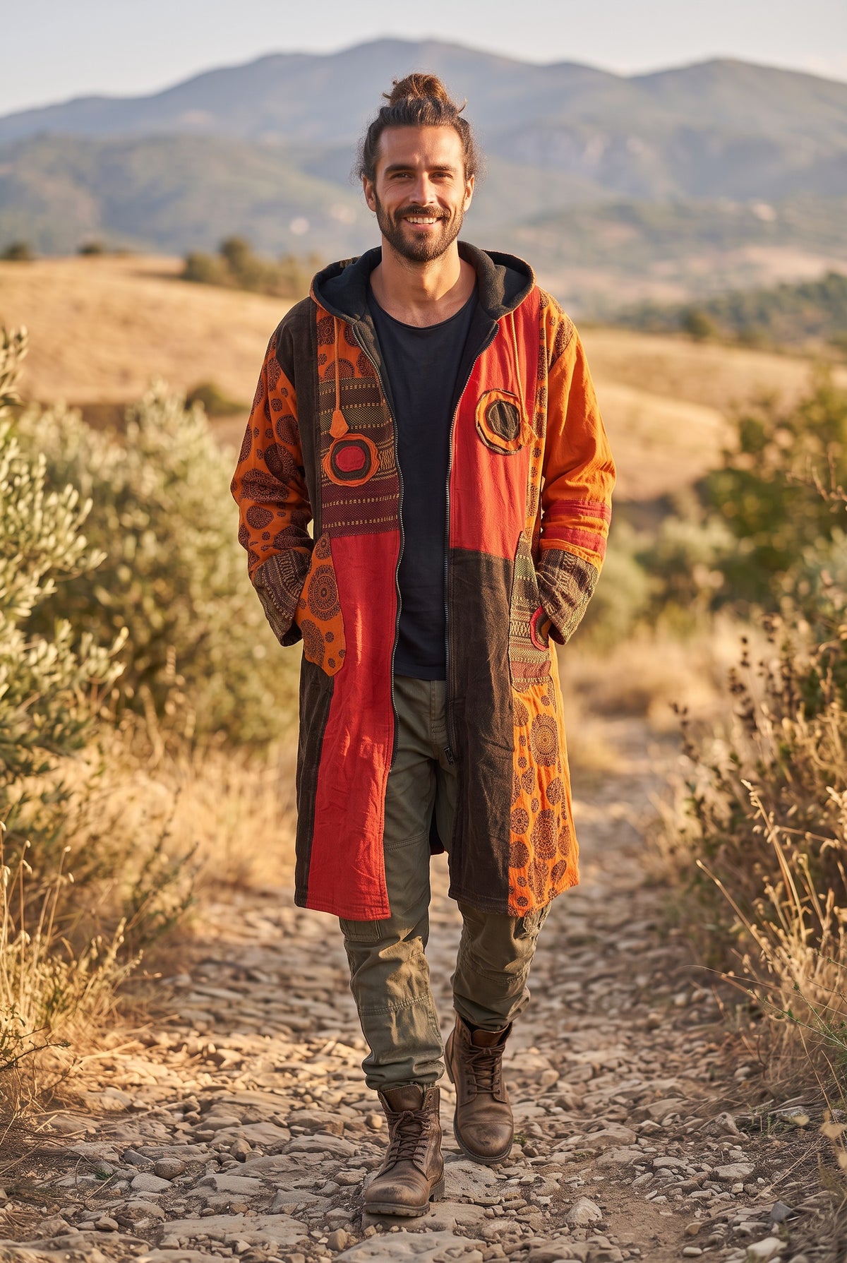 Unisex Nepal Etnik Patchwork Polar Astarlı Uzun Kapüşonlu Ceket Mont – Turuncu