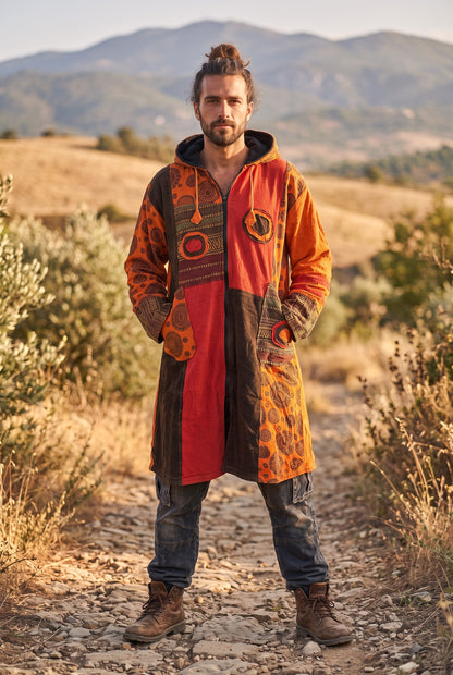Unisex Nepal Etnik Patchwork Polar Astarlı Uzun Kapüşonlu Ceket Mont – Turuncu
