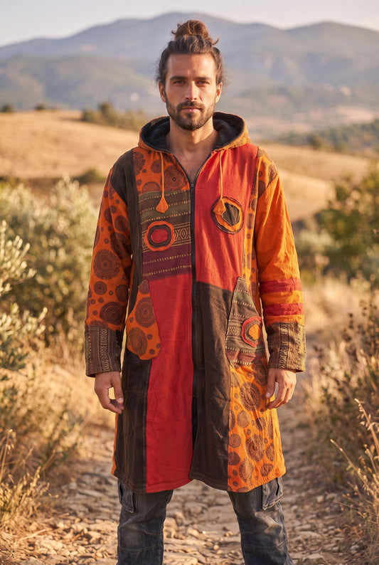 Unisex Nepal Etnik Patchwork Polar Astarlı Uzun Kapüşonlu Ceket Mont – Turuncu