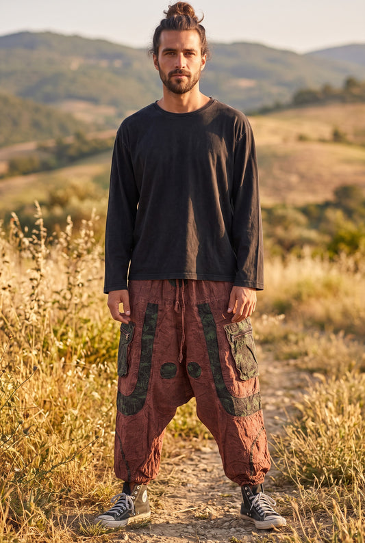 Unisex Nepal Mantar Desenli Erkek Şalvar Pantolon – Kahve