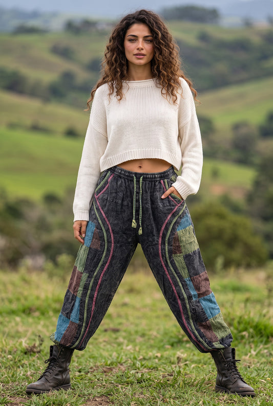 Kadın Bohem Gece Esintisi  Nepal Şalvar Pantolon – Antrasit Patchwork