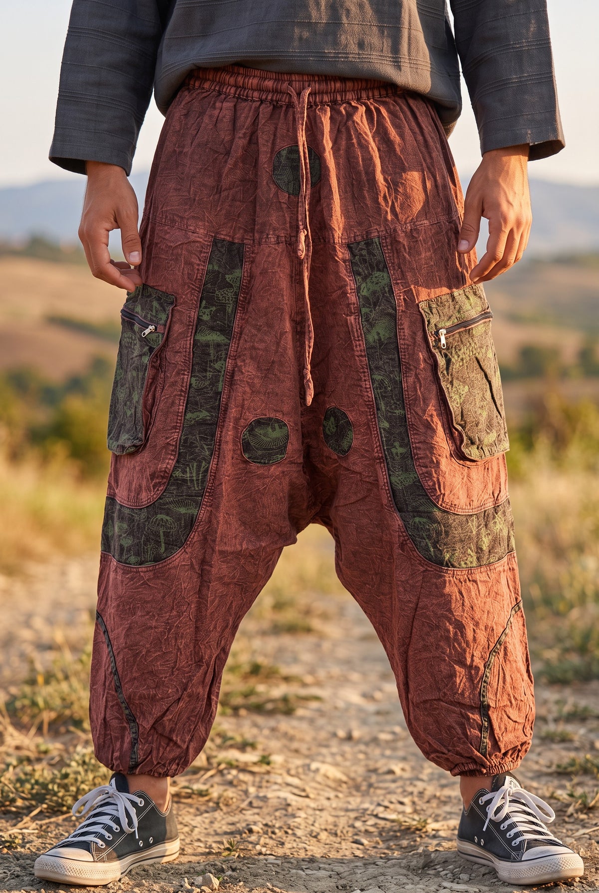Unisex Nepal Mantar Desenli Erkek Şalvar Pantolon – Kahve