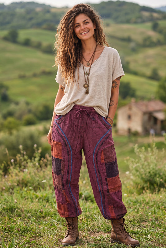Kadın Bohem Mürdüm Yolculuk  Nepal Şalvar Pantolon – Mürdüm Patchwork