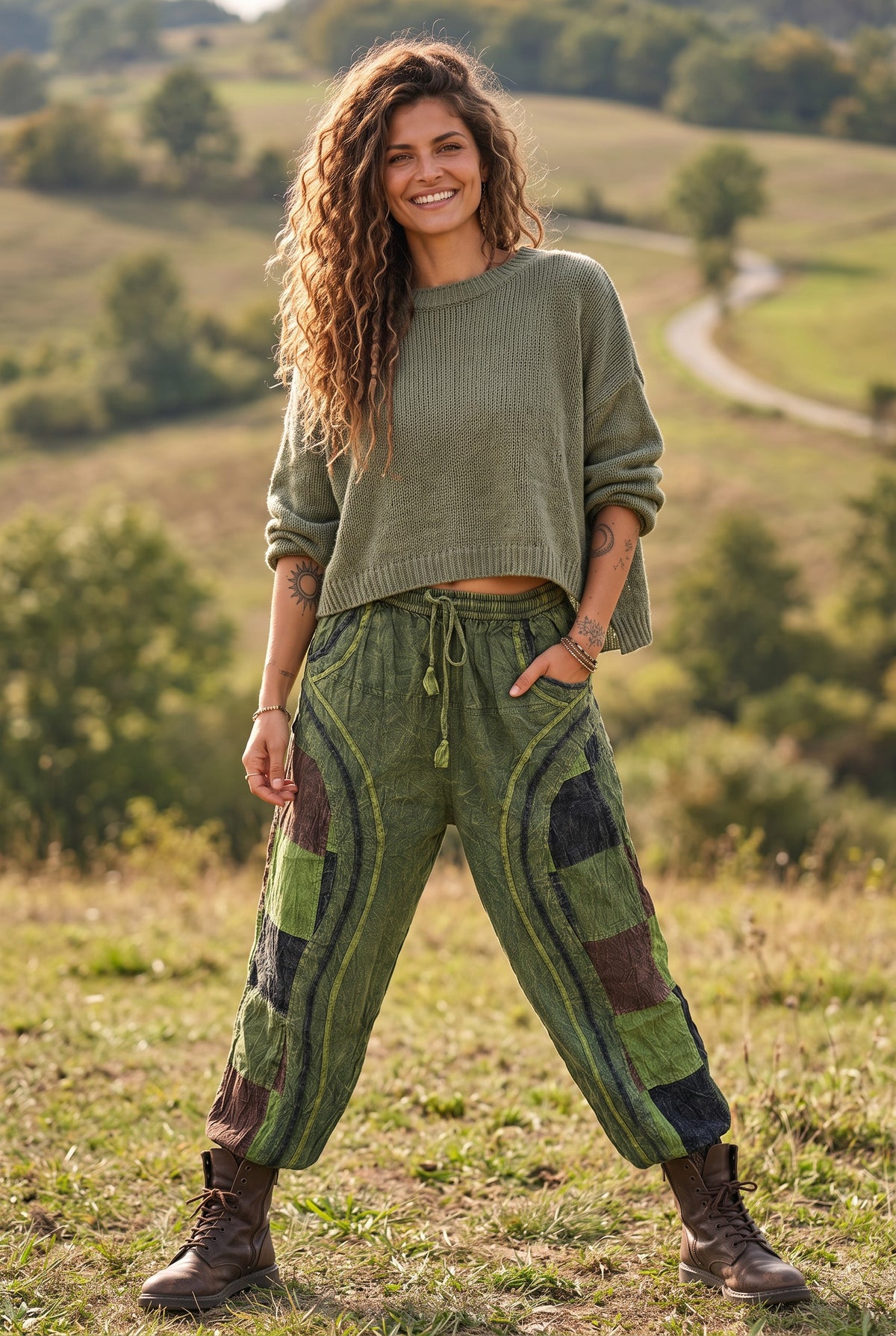 Kadın Bohem Orman Yolu  Nepal Şalvar Pantolon – Haki Yeşil Patchwork