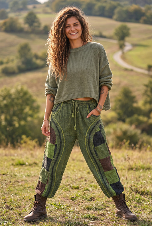 Kadın Bohem Orman Yolu  Nepal Şalvar Pantolon – Haki Yeşil Patchwork