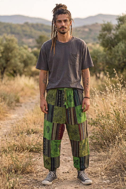 Verdea Nepal Patchwork Erkek Şalvar Pantolon – Yeşil Etnik Bohem Tasarım