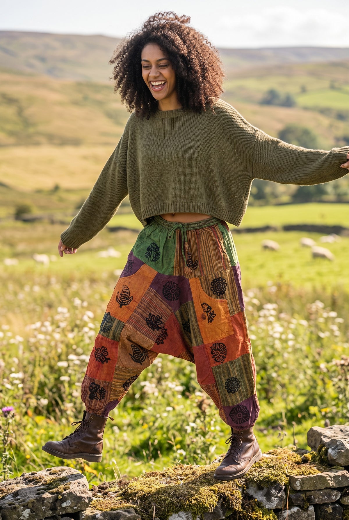 Kadın  Bohem Laluna Patchwork Nepal Şalvar Pantolon  – Renkli Desenli Rahat Kesim