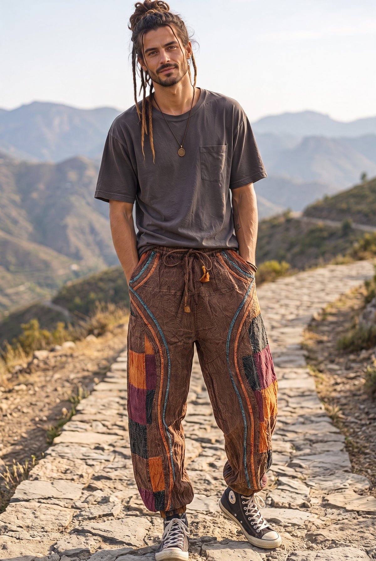 Terrano Nepal Etnik Patchwork Erkek Şalvar Pantolon – Kahverengi Bohem Tasarım