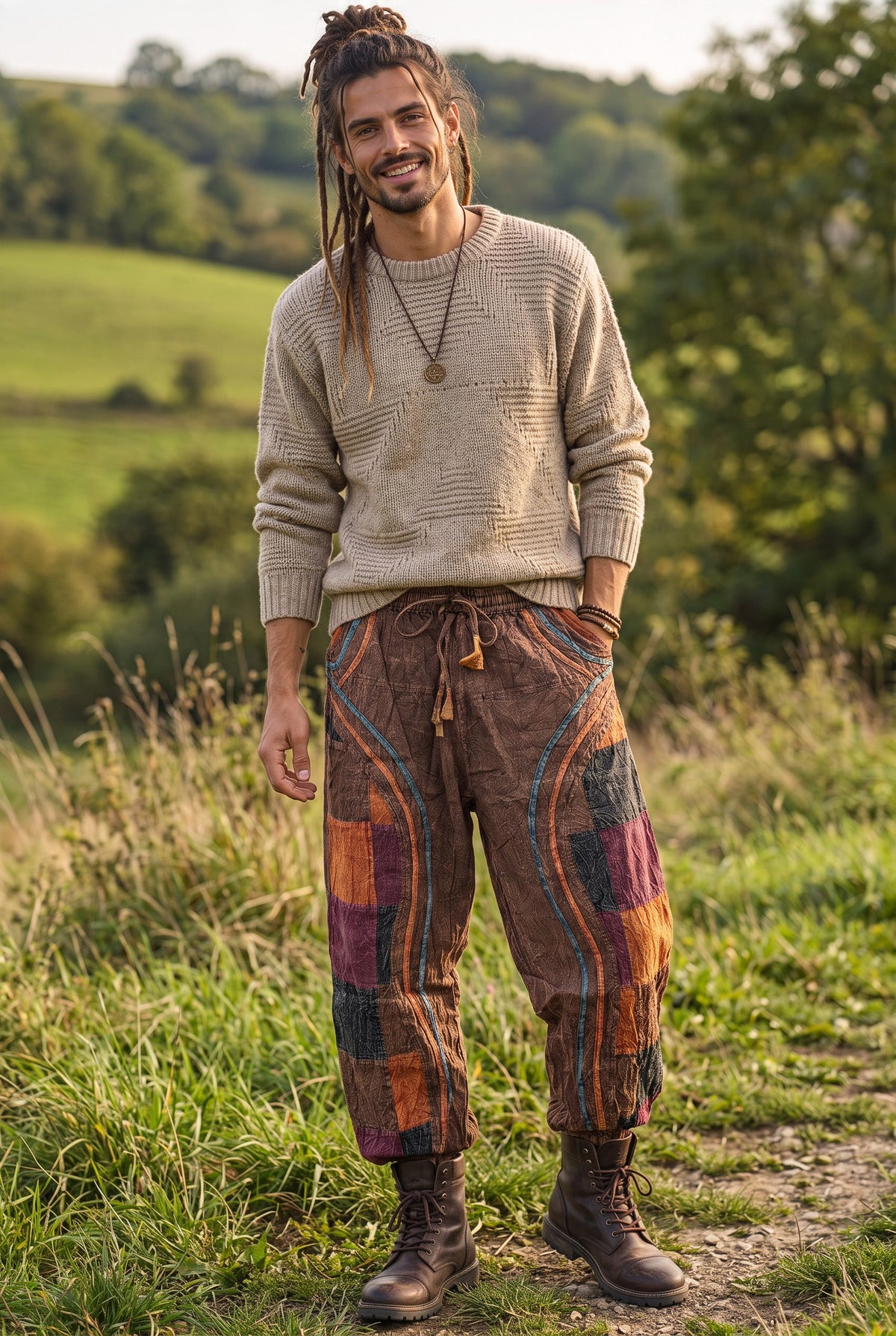 Terrano Nepal Etnik Patchwork Erkek Şalvar Pantolon – Kahverengi Bohem Tasarım