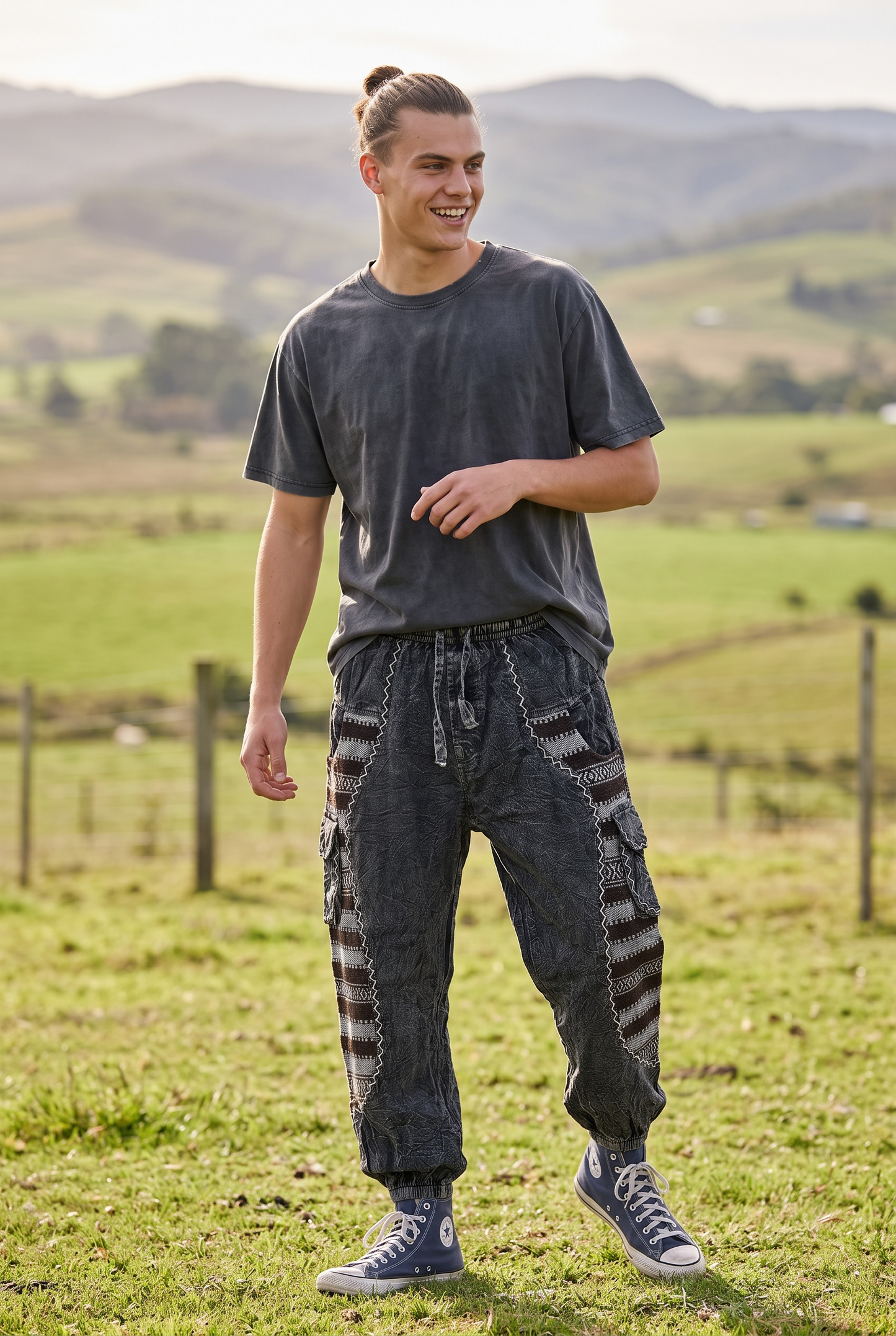 Nepal Bohem Erkek Şalvar Pantolon | Etnik Dokuma Detaylı Antrasit