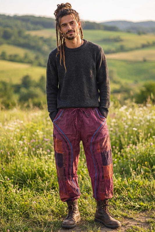 Ravena Nepal Patchwork Erkek Şalvar Pantolon – Bordo Etnik Bohem Tasarım