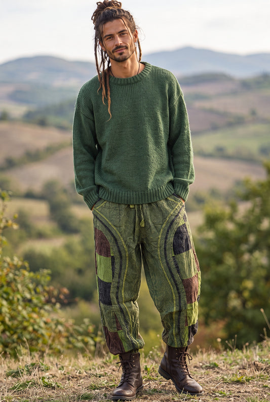 Sylvan Nepal Patchwork Erkek Şalvar Pantolon – Haki Yeşil Etnik Bohem Tasarım