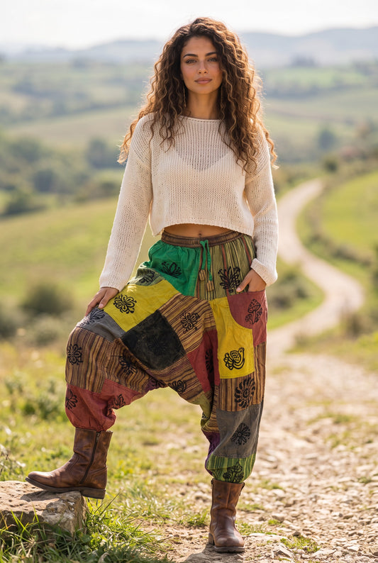 Kadın  Mira Bohem Patchwork Nepal Şalvar Pantolon  – Renkli Etnik Desenli Kadın Şalvar