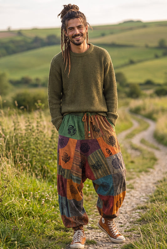 Arviko Nepal Patchwork Erkek Şalvar Pantolon – Çok Renkli Etnik Bohem Tasarım