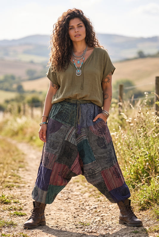 Kadın Lavinya Bohem Patchwork Nepal Şalvar Pantolon – Etnik Desenli, Bol Kesim, Bağcıklı Bel