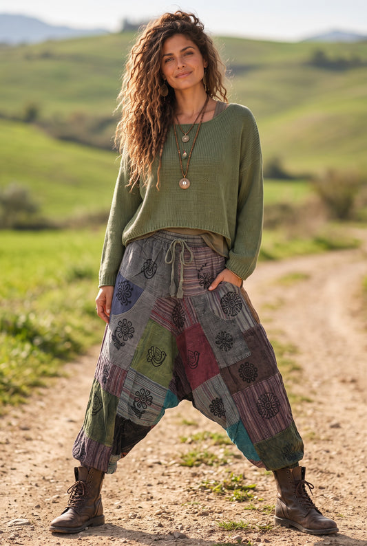 Kadın Mirella Bohem Nepal Şalvar Pantolon – Gri ve Mor Patchwork Desenli, Bağcıklı Rahat Kesim