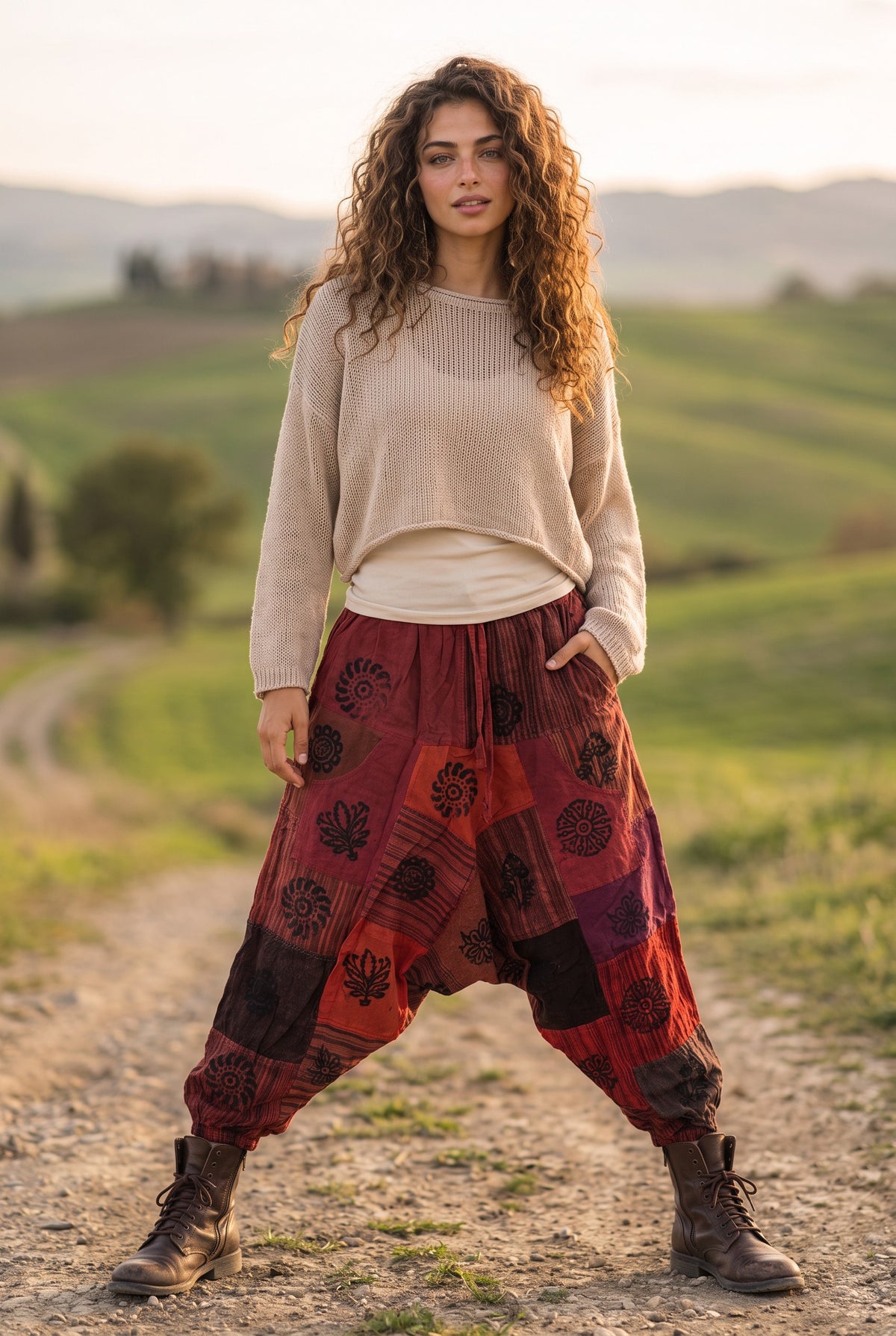 Kadın Bohem Almira Nepal Şalvar Pantolon – Bordo Kırmızı Patchwork Desenli, Etnik Motifli, Bağcıklı Bol Kesim