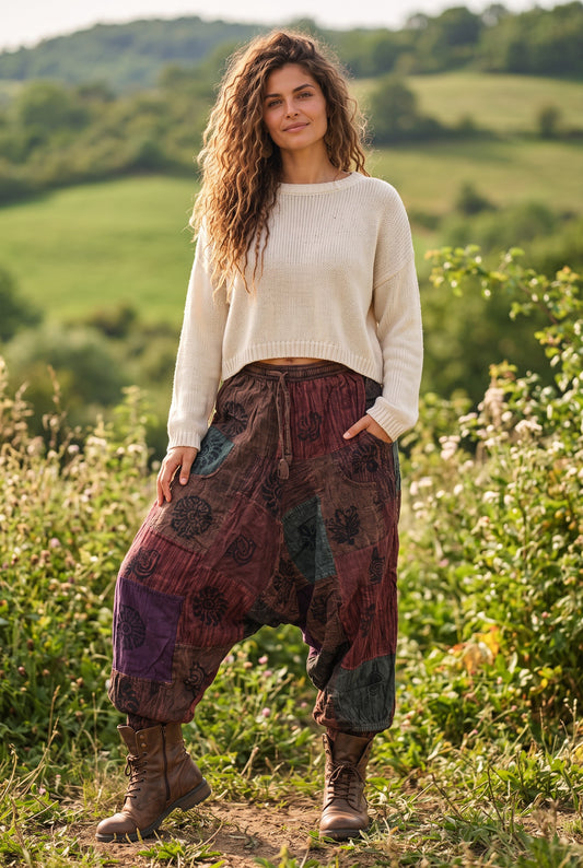 Kadın Bohem Savana Nepal Şalvar Pantolon – Bordo Kahve Patchwork Desenli, Etnik Motifli, Bağcıklı Bol  Kesim