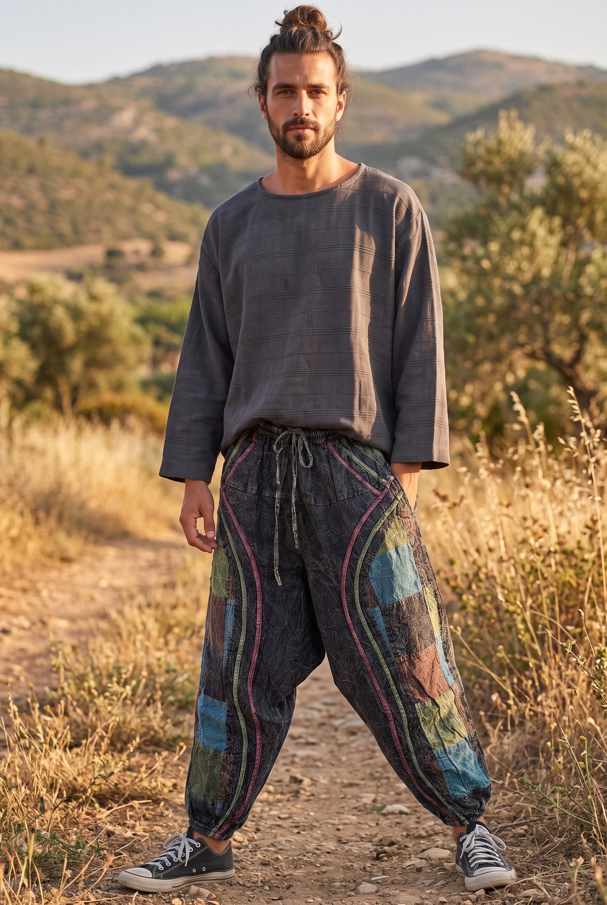Nepal Patchwork Fermuarlı Cepli Erkek Şalvar Pantolon – Antrasit