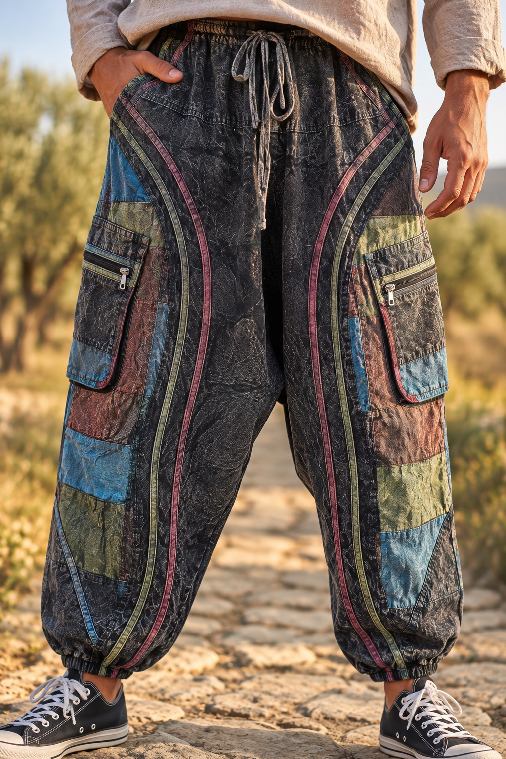 Nepal Patchwork Fermuarlı Cepli Erkek Şalvar Pantolon – Antrasit