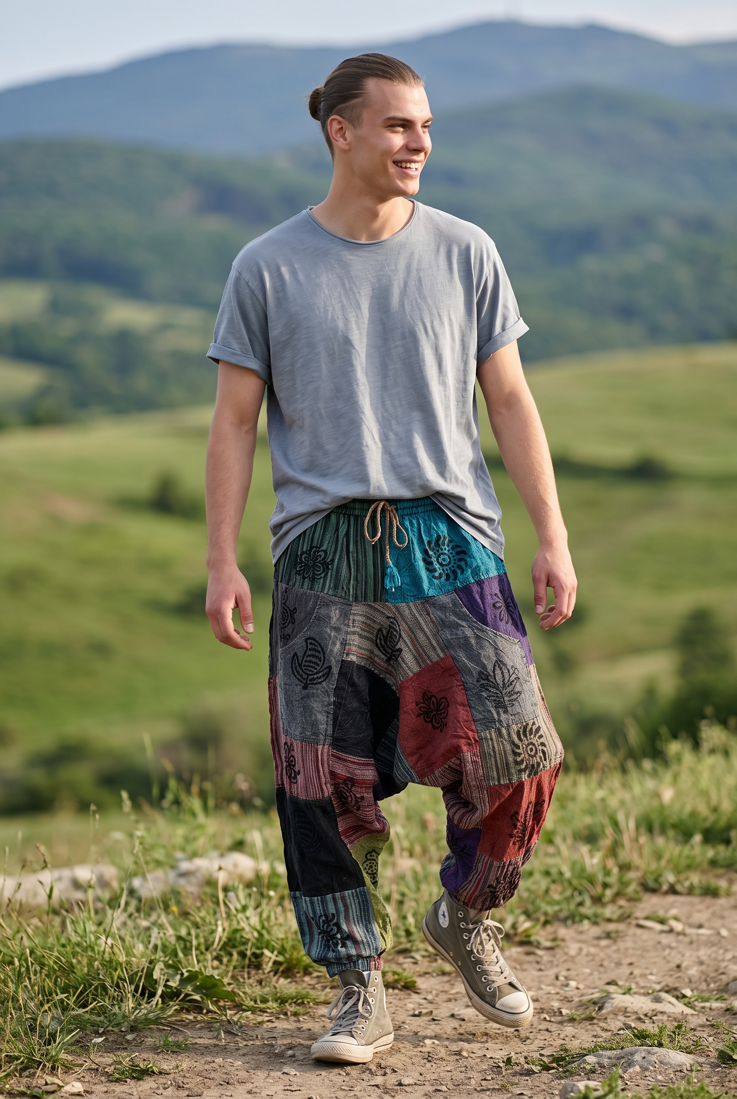 Unisex Nepal Patchwork Şalvar Pantolon – Gri Mavi, Salaş Tasarım