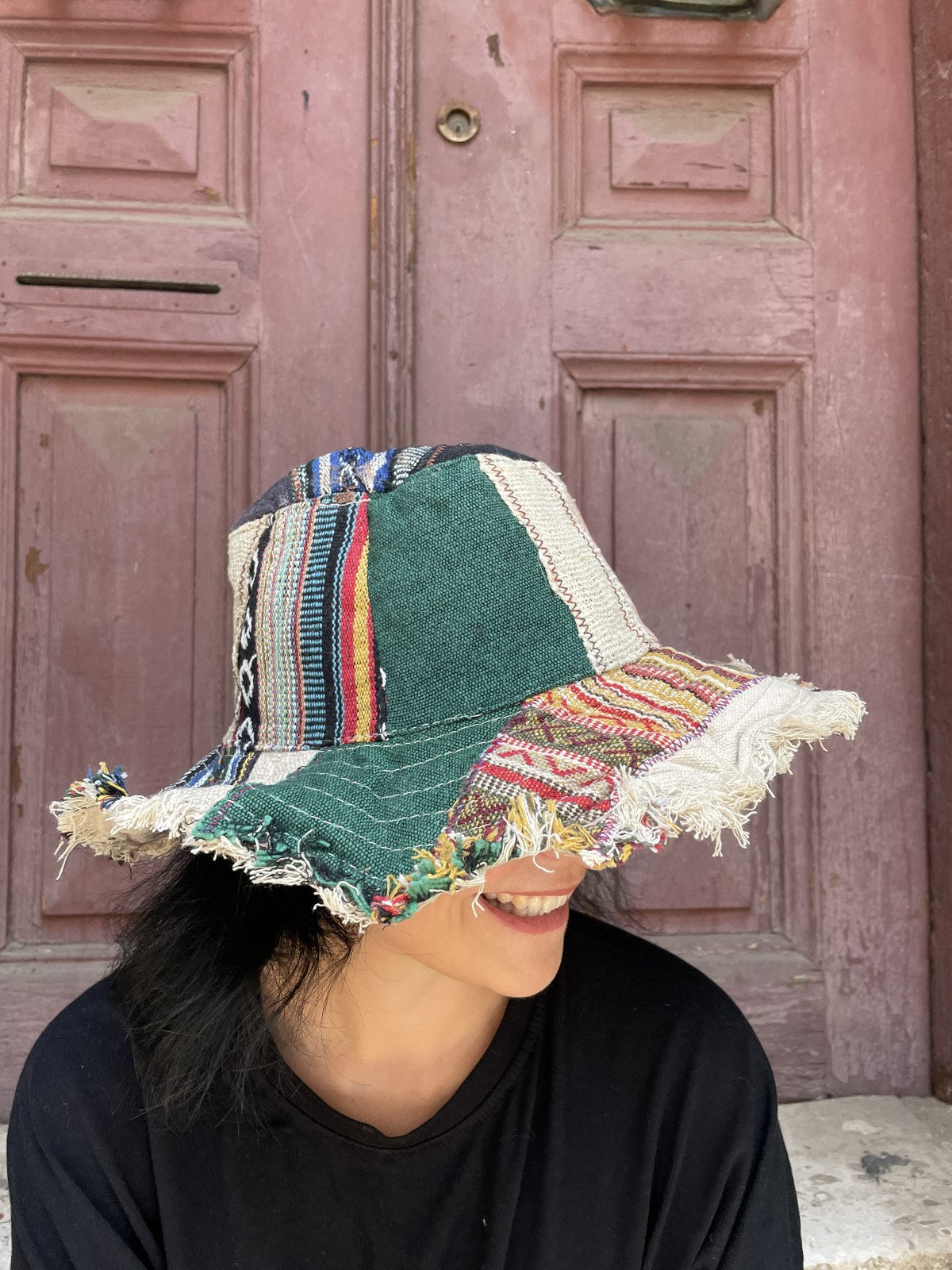 Unisex Nepal Pure Hemp Bej Baja Patchwork Şapka