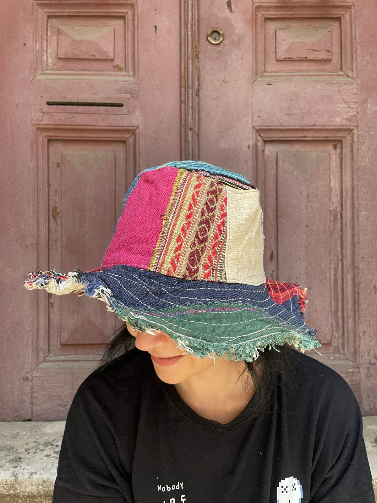 Bohem Unisex Nepal Pure Hemp Pembe Patchwork Şapka