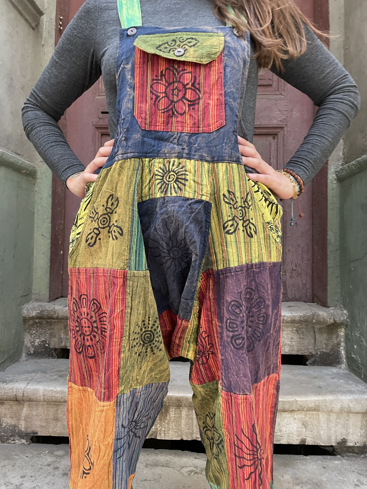 Unisex Mavi Kırmızı Nepal Patchwork Tulum