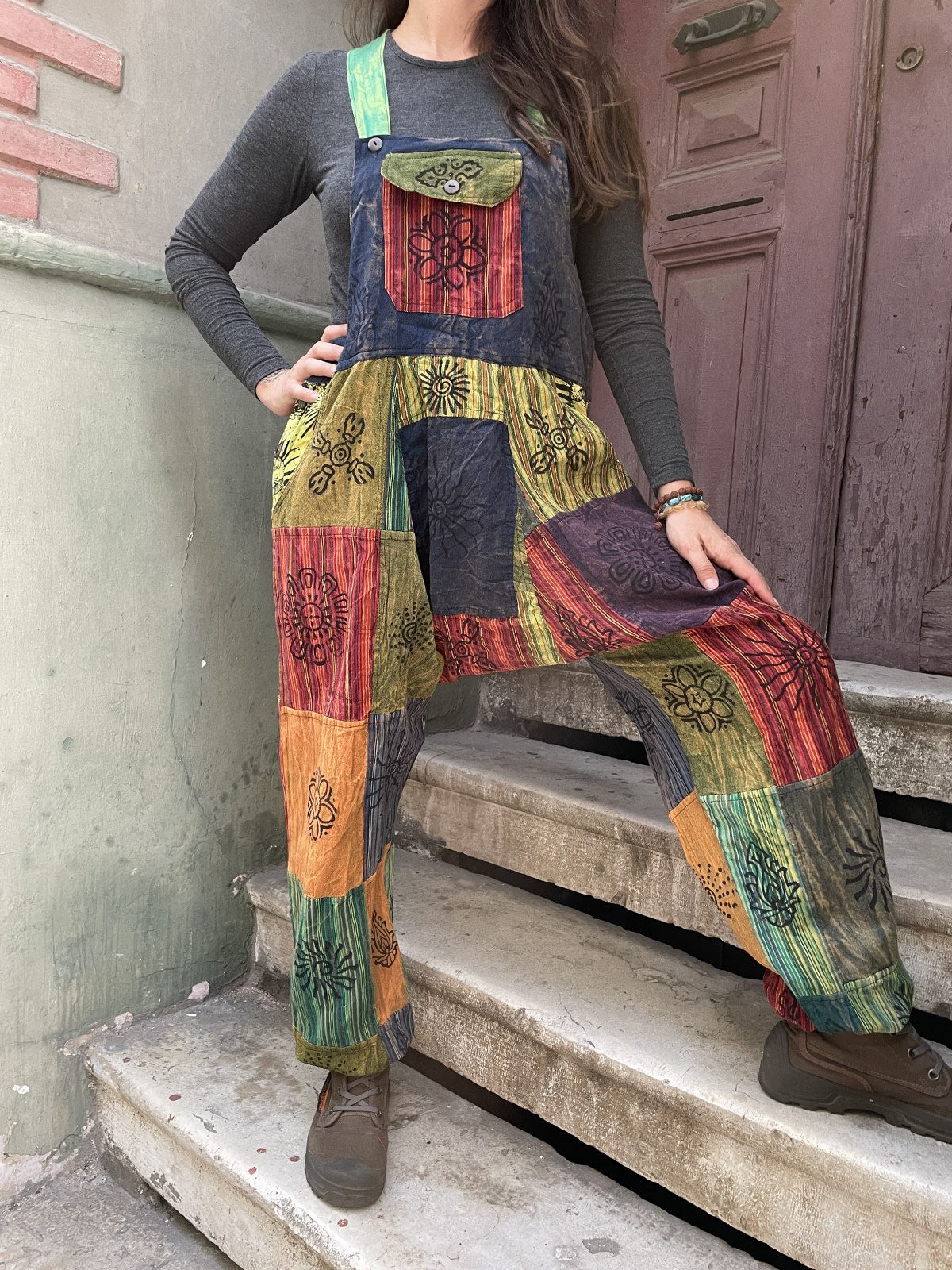 Unisex Mavi Kırmızı Nepal Patchwork Tulum