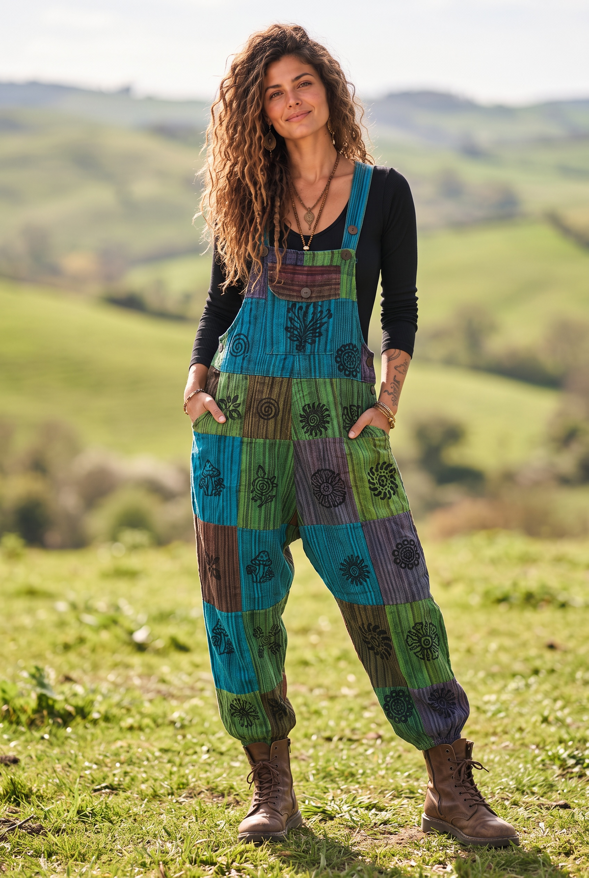 Rara Nepal Patchwork Salopet Tulum – Kadın Turkuaz Yeşil Etnik Bohem Tasarım