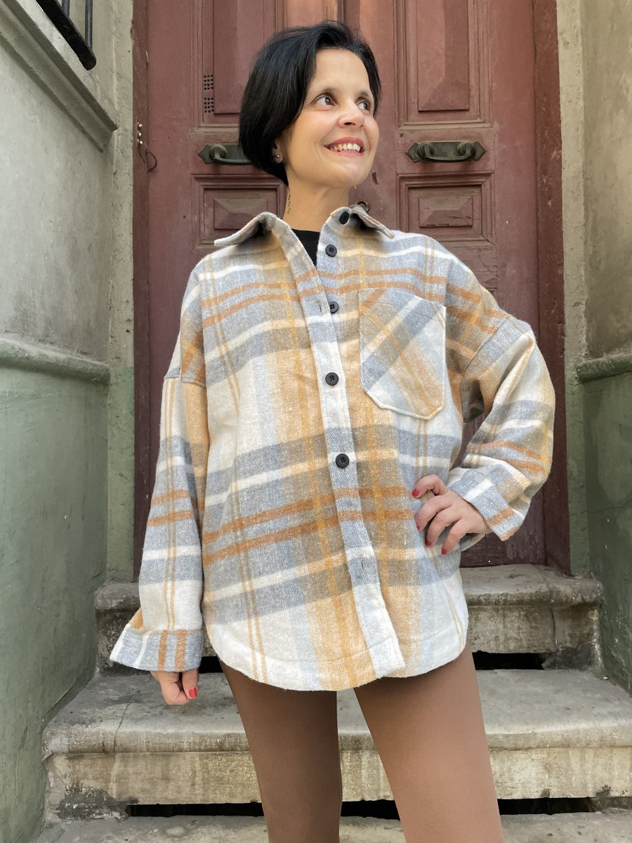 Oversize Oduncu Gömlek – Boho & Casual- Bej Hardal