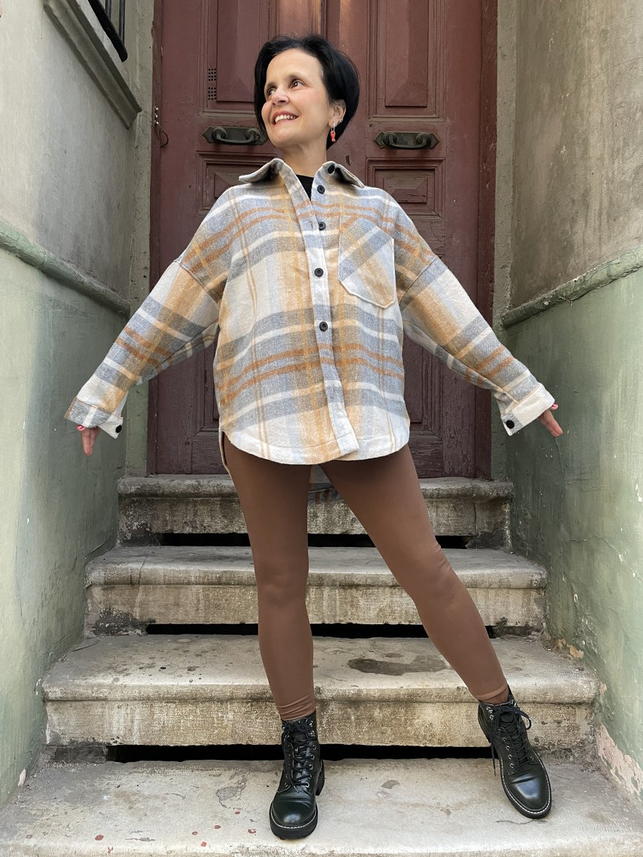 Oversize Oduncu Gömlek – Boho & Casual- Bej Hardal