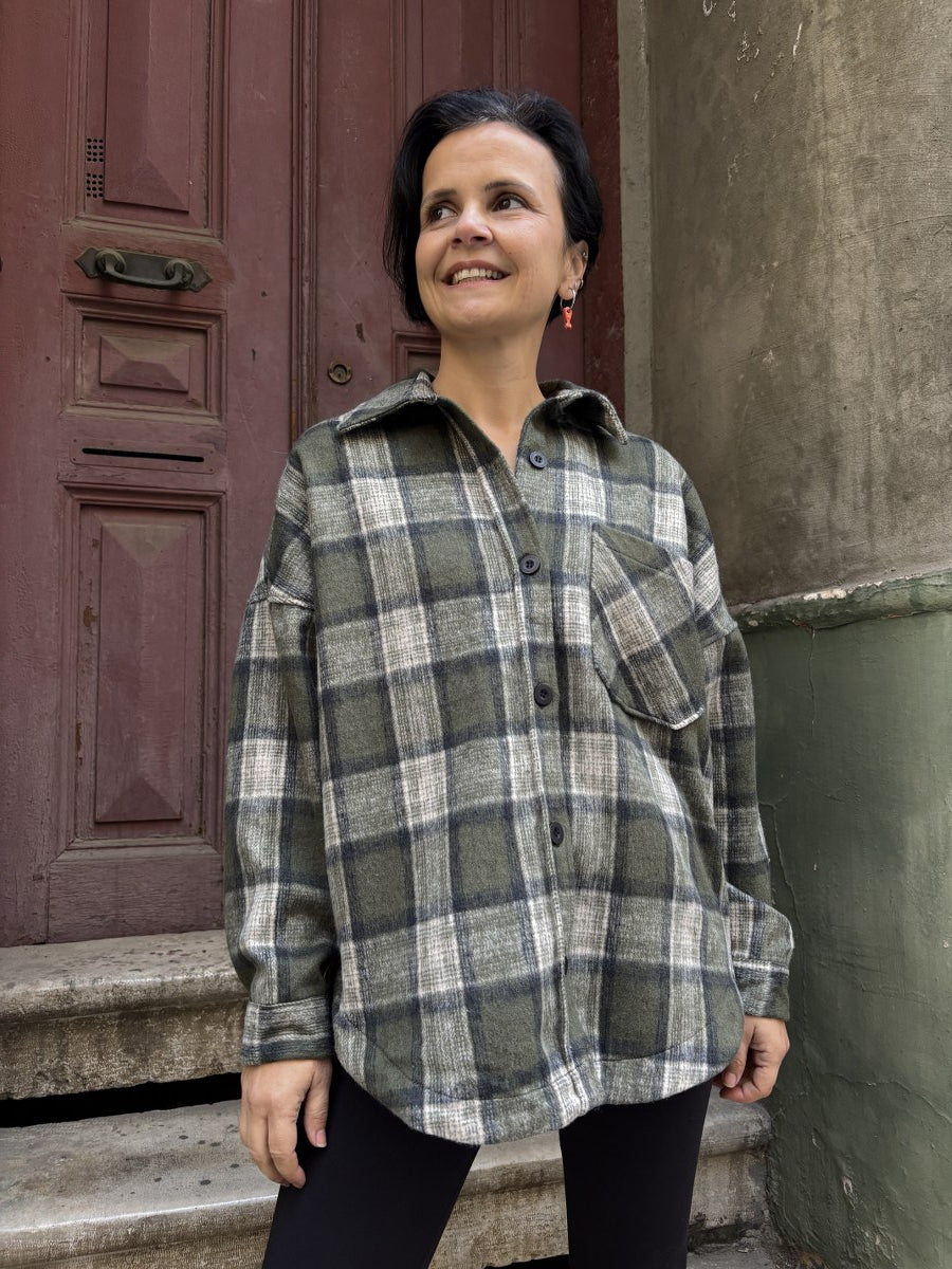 Oversize Kadın Ekoseli Oduncu Gömlek – Yeşil