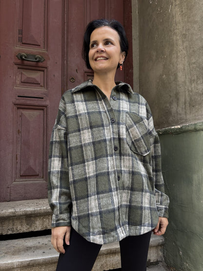 Oversize Kadın Ekoseli Oduncu Gömlek – Yeşil