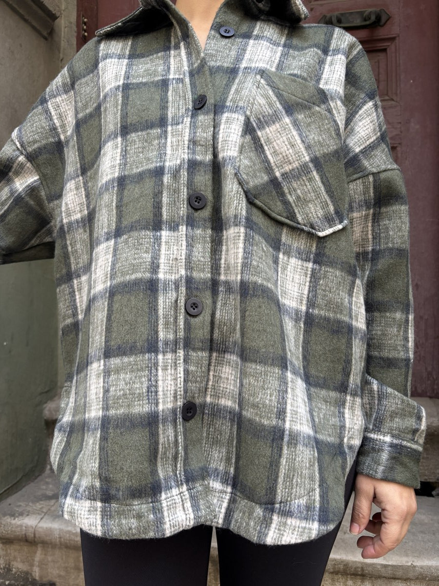 Oversize Kadın Ekoseli Oduncu Gömlek – Yeşil