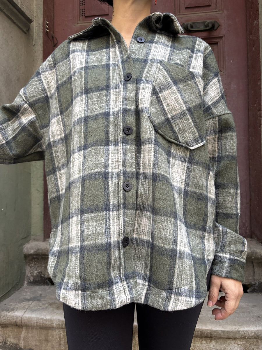 Oversize Kadın Ekoseli Oduncu Gömlek – Yeşil