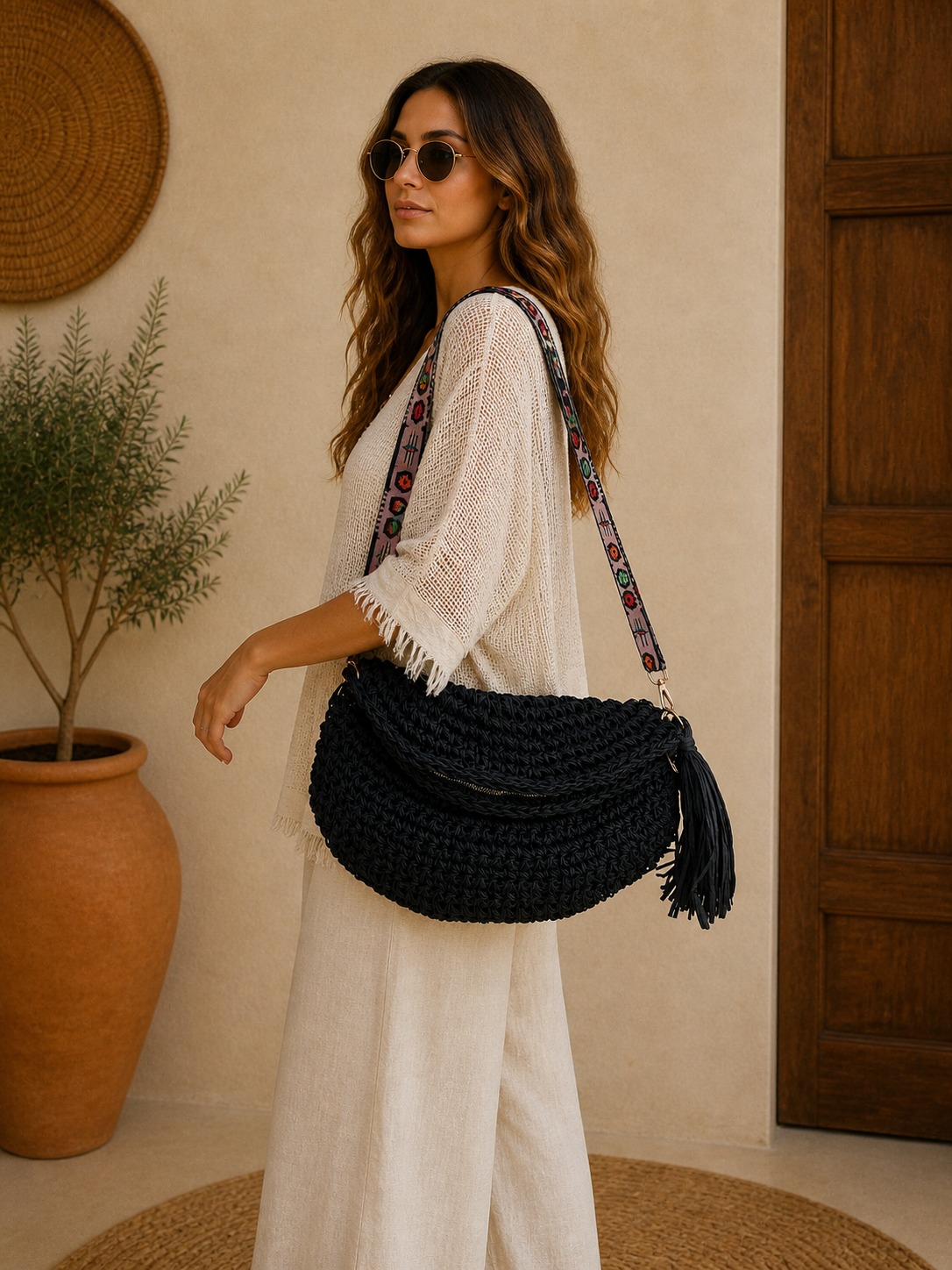 Bohem El Örgüsü Siyah Omuz & Crossbody Çanta – Tasarım Büyük Boy, El Yapımı