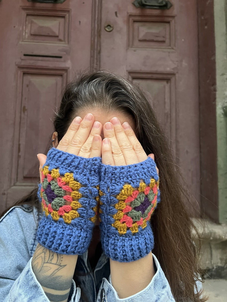 Bohem Motifli Parmaksız El Örgüsü Eldiven - Mavi