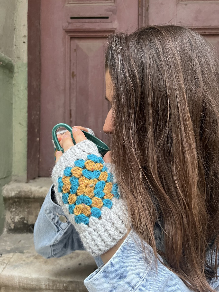 Bohem Motifli Parmaksız El Örgüsü Eldiven - Gri Yeşil