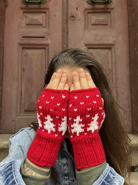 Bohem Kırmızı Yılbaşı Motifli Eldiven