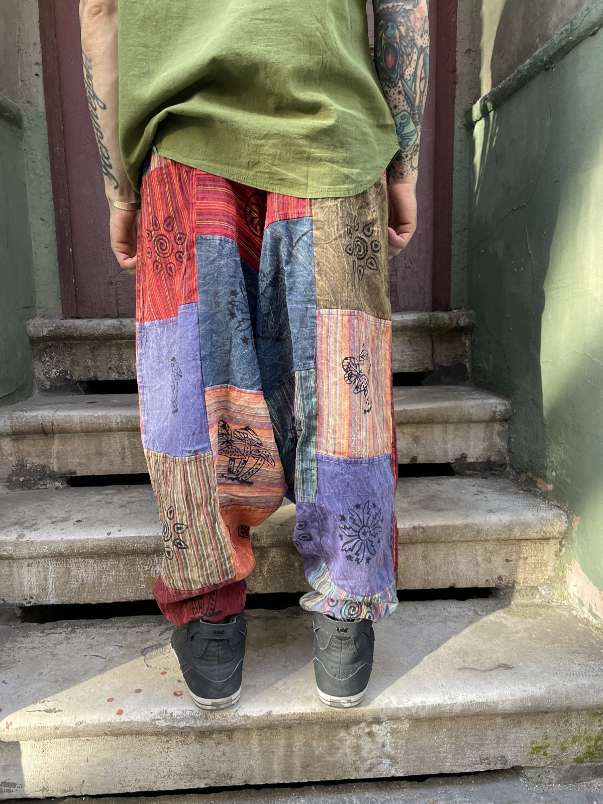 Unisex Nepal Bej Mor Renkli Patchwork Festival Şalvar Pantolon