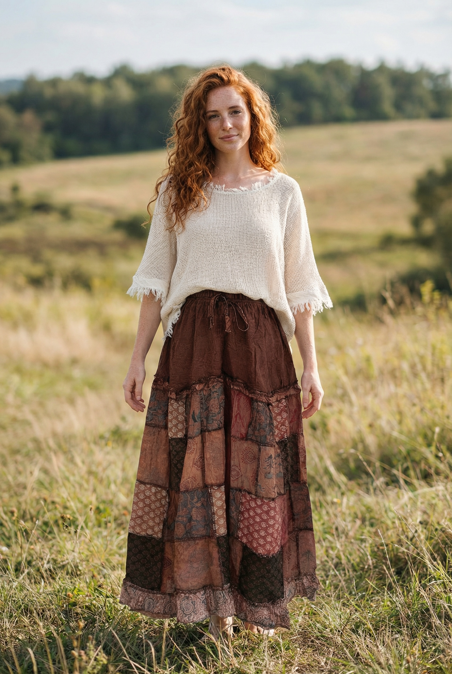 Nepal Patchwork Bohem Etek – %100 Pamuk, Lastikli Bel – Kahve