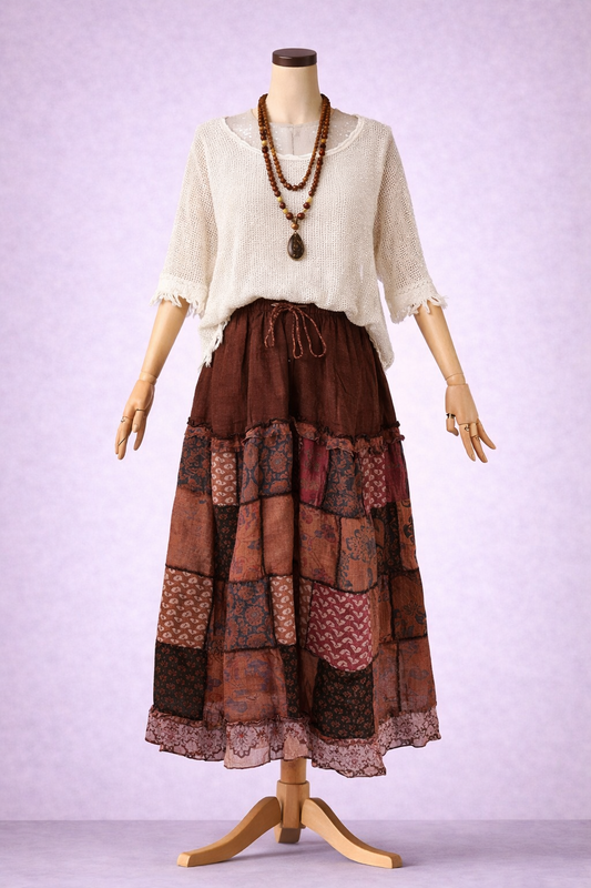 Nepal Patchwork Bohem Etek – %100 Pamuk, Lastikli Bel – Kahve