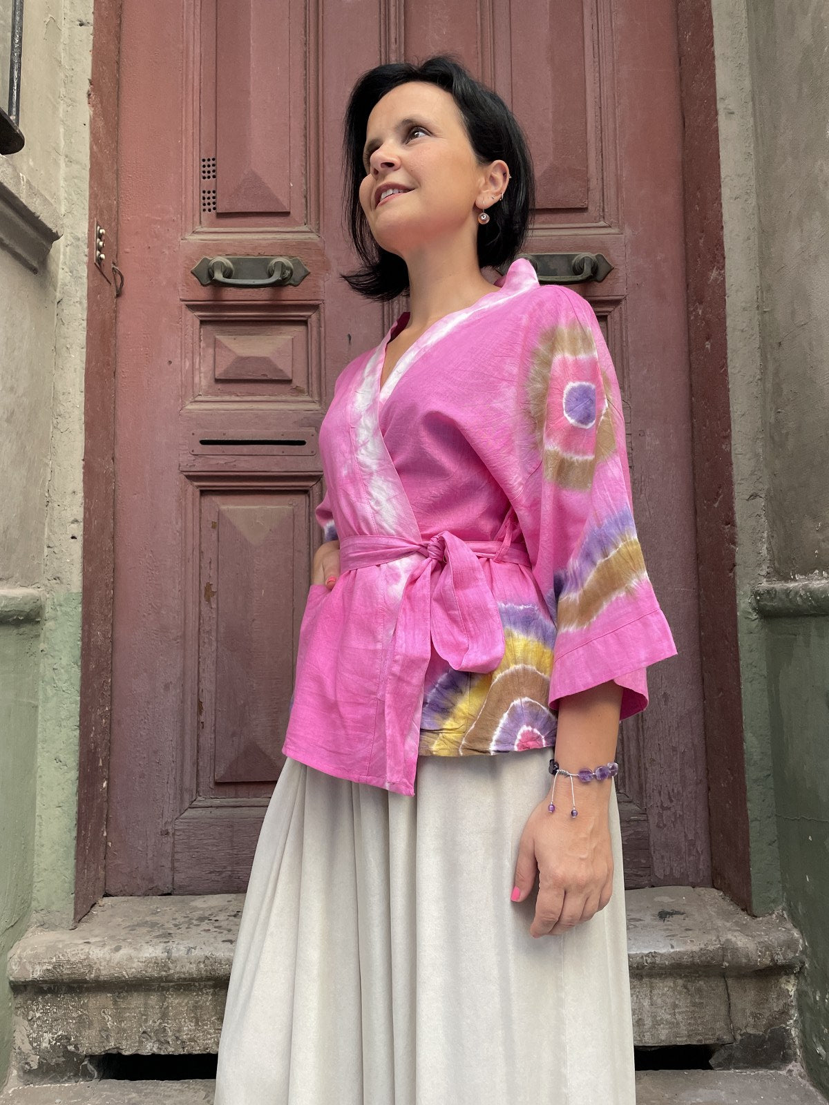 Bohem Doğal Kumaş Pembe Göz Batik Kadın Kimono