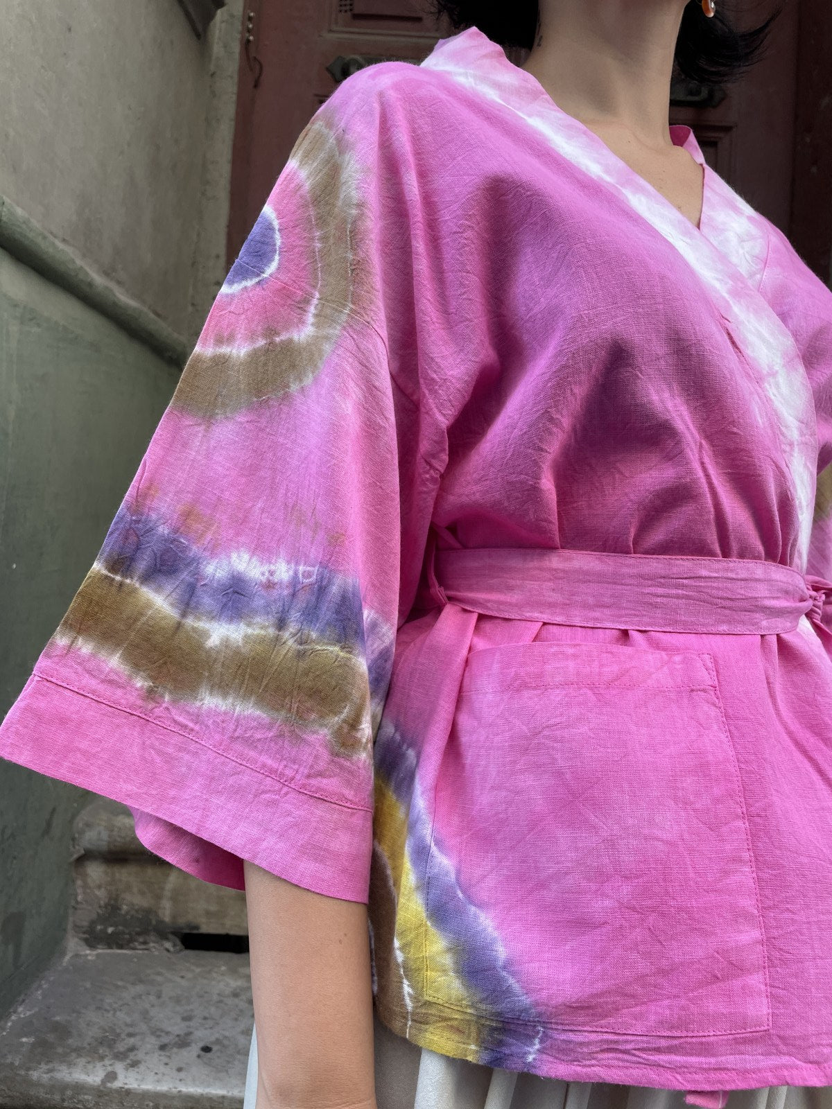 Bohem Doğal Kumaş Pembe Göz Batik Kadın Kimono